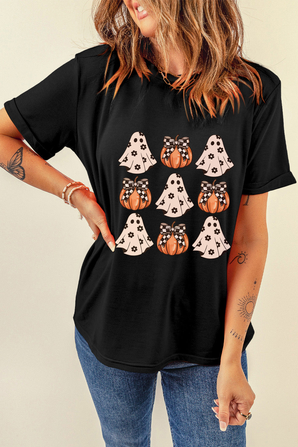 Halloween Ghost Pumpkin Print Crew Neck T Shirt