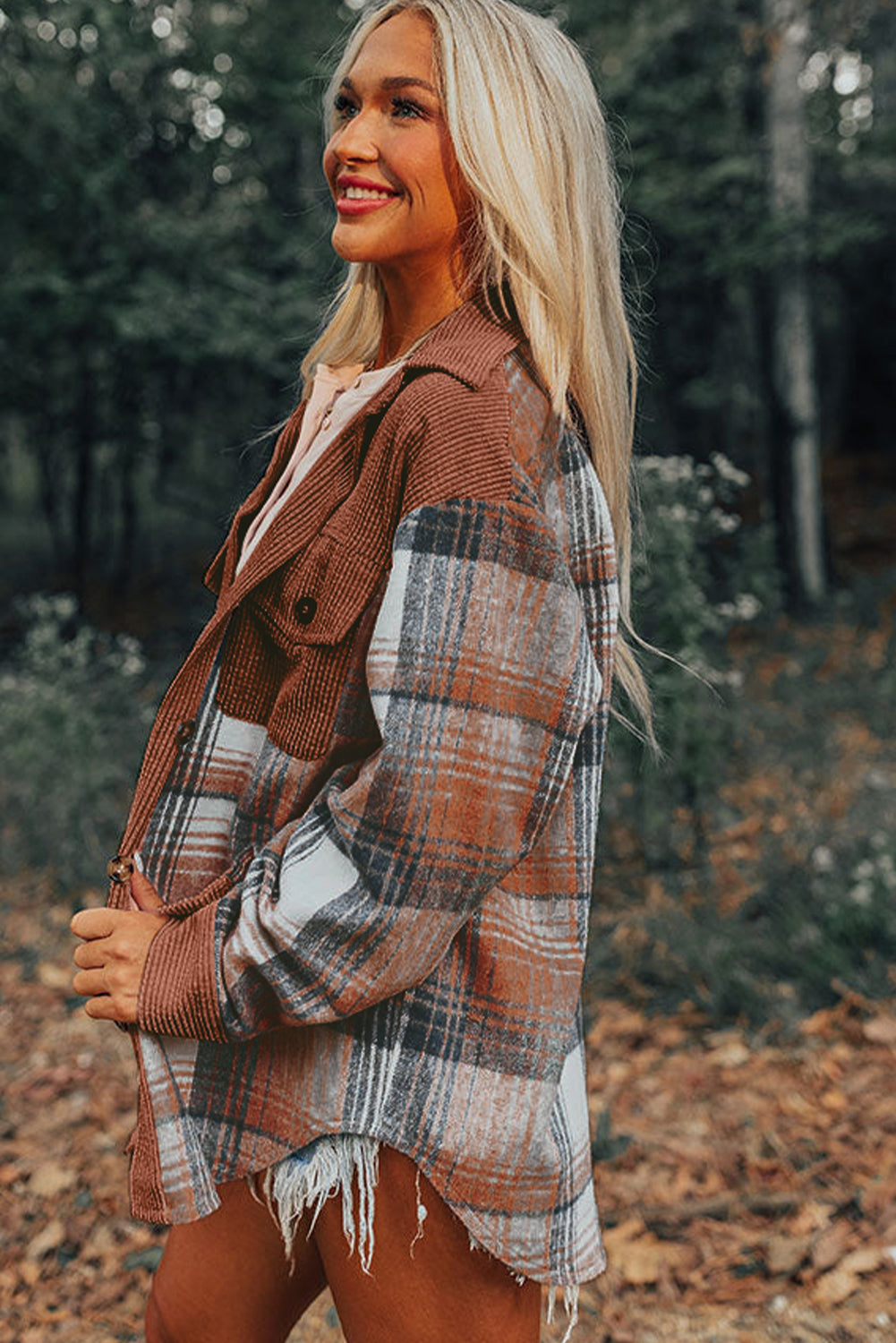 Plaid Corduroy Patchwork Chest Pocket Shacket