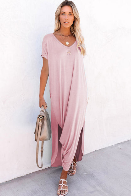 V Neck Hidden Pocket Splits Maxi T-shirt Dress