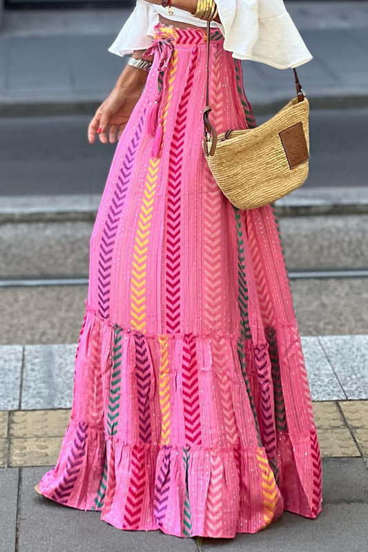 Boho Printed Tasseled Drawstring Ruffled Maxi Skirt