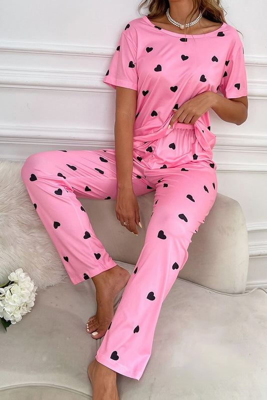 Pink Heart Print Tee and Pants Lounge Set