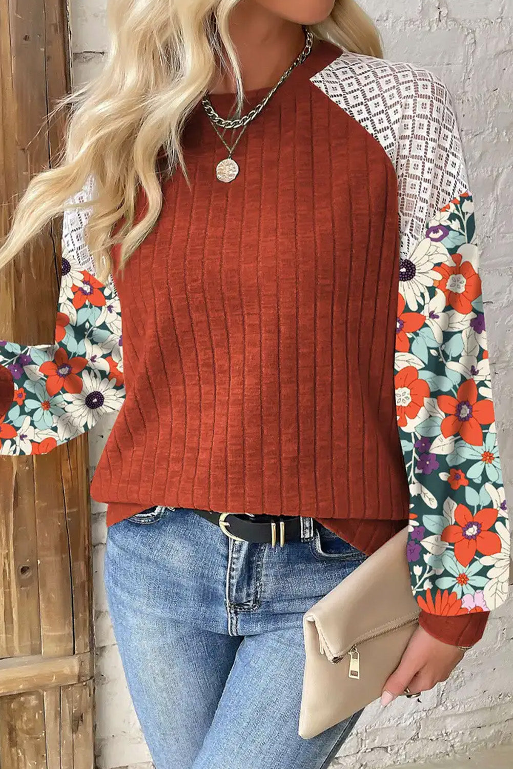 Floral Patchwork Long Sleeve Ribbed Blouse