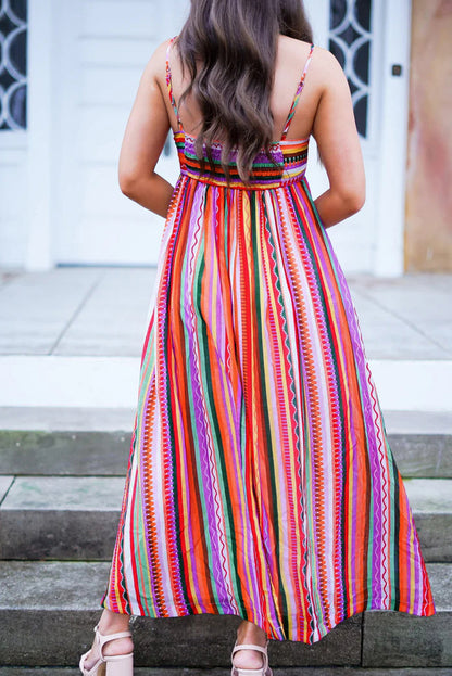 Striped Thin Straps Smocked Back Boho Maxi Dress